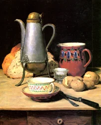 Stilleben, kaffe och potatis